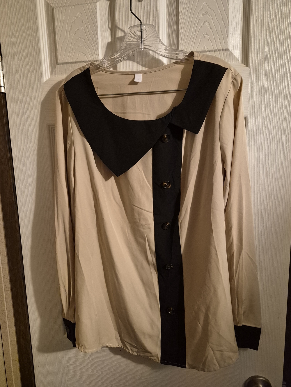 Boutique 9 Beige Blouse with Black Collar and Placket